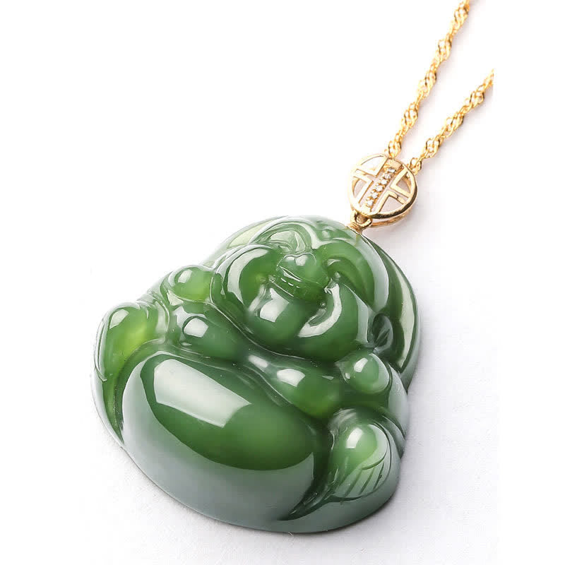 Stone of buddha 925 Sterling Silver Laughing Buddha Hetian Cyan Jade 18K Gold Success Necklace Chain Pendant