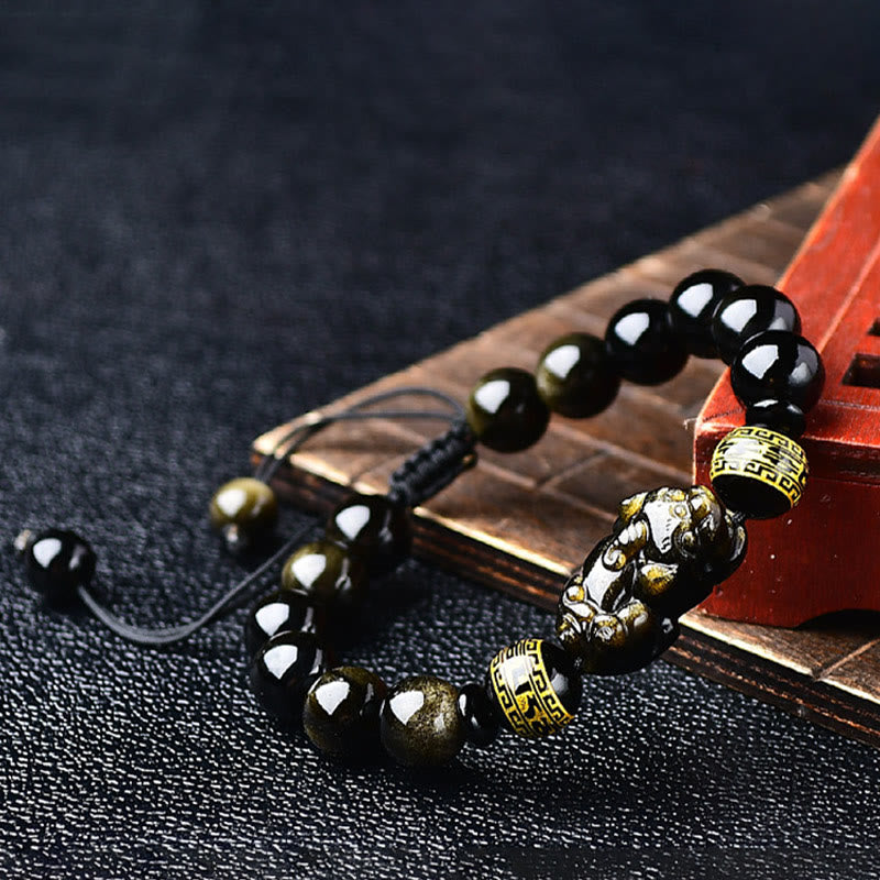 Stone of buddha Natural Gold Sheen Obsidian PiXiu Om Mani Padme Hum Wealth Braided Bracelet