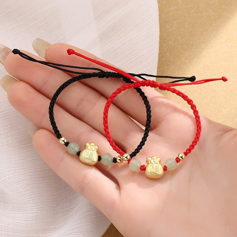 Stone of buddha Lucky Money Bag Fu Character Jade Bead Luck Braided Bracelet