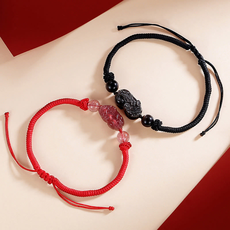 Stone of buddha Handmade Natural Silver Sheen Obsidian Strawberry Quartz PiXiu Protection Braided Bracelet