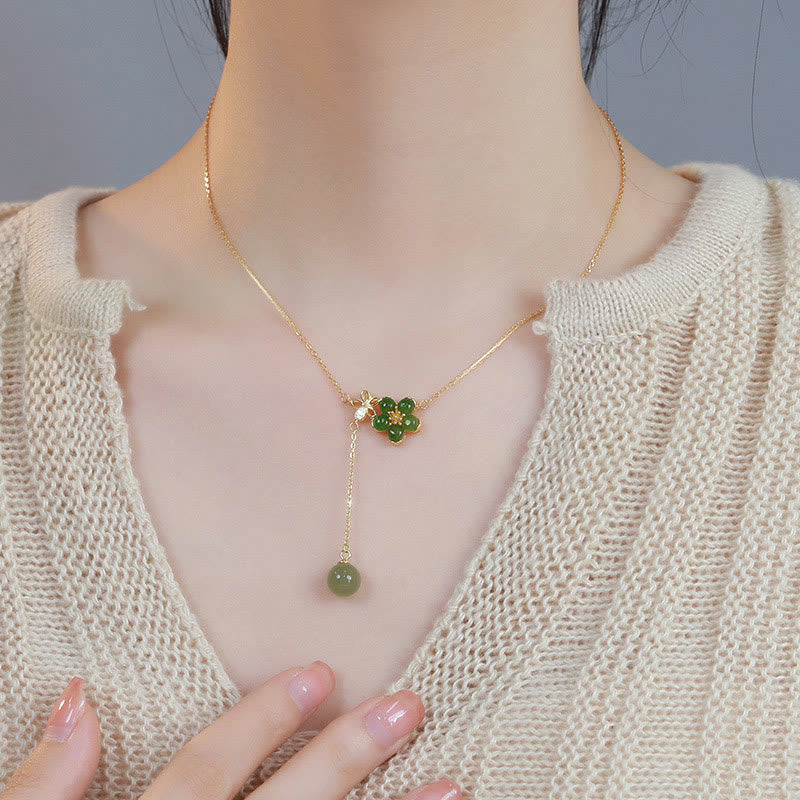 Stone of buddha 925 Sterling Silver Hetian Cyan Jade Plum Flower Blossom Design Luck Necklace Pendant