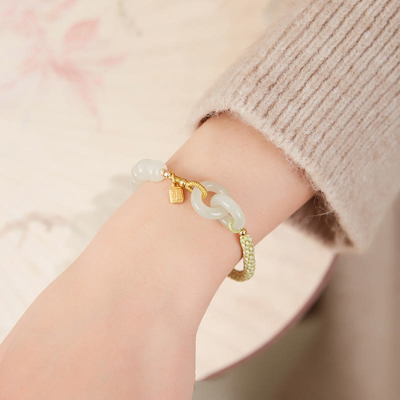 Stone of buddha Natural Hetian Jade Bead Double Peace Buckle Fu Character Abundance Braided Bracelet