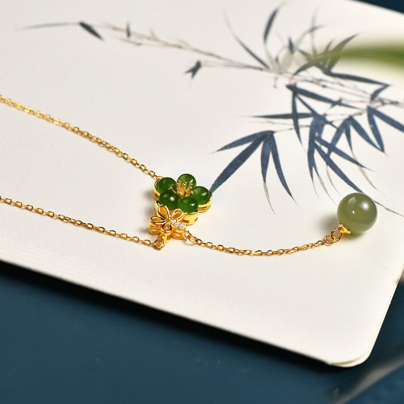 Stone of buddha 925 Sterling Silver Hetian Cyan Jade Plum Flower Blossom Design Luck Necklace Pendant