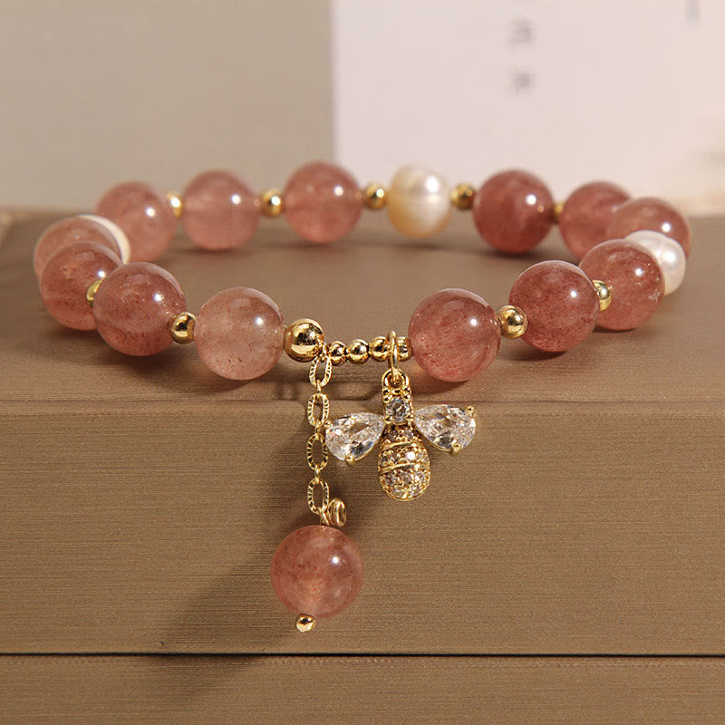Stone of buddha Strawberry Quartz Pearl Cute Zircon Honeybee Positive Charm Bracelet