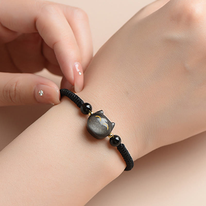 Stone of buddha Handmade Natural Silver Sheen Obsidian Strawberry Quartz Cute Cat Protection Braided Bracelet
