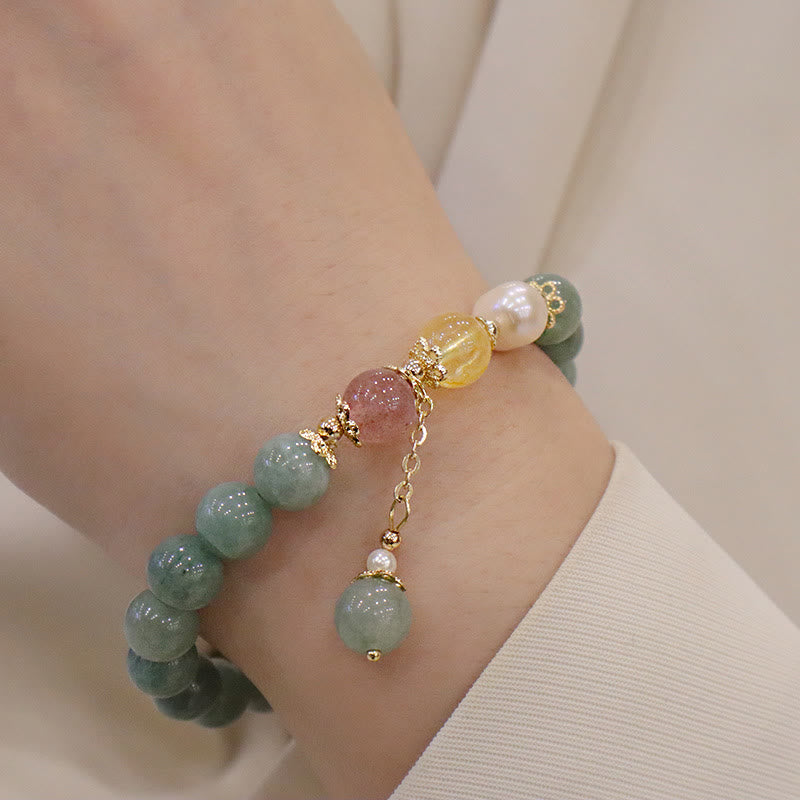 Stone of buddha Jade Pearl Strawberry Quartz Abundance Luck Bead Charm Bracelet