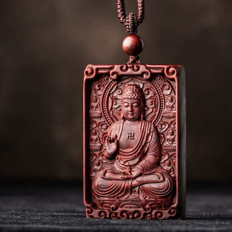 Stone of buddha Chinese Zodiac Natal Buddha Small Leaf Red Sandalwood Protection Necklace Pendant
