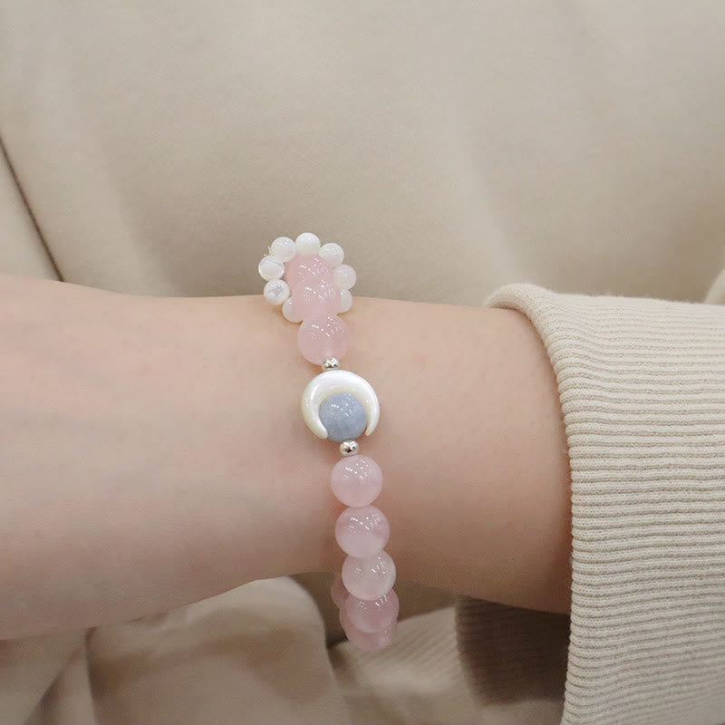 Stone of buddha 925 Sterling Silver Natural Amethyst Aquamarine Pink Crystal Cat's Eye Healing Crescent Moon Bracelet