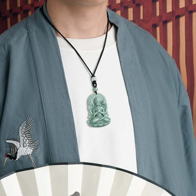 Stone of buddha Four-armed Avalokitesvara Natural Jade Amulet Blessing String Necklace