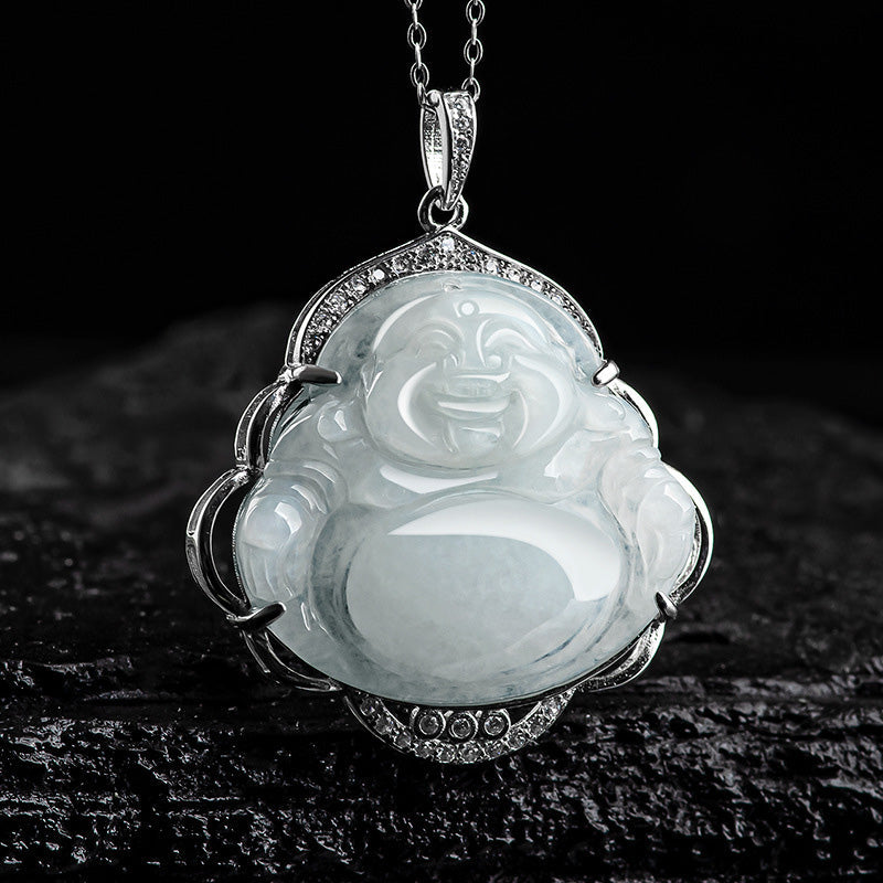 Stone of buddha 925 Sterling Silver Laughing Buddha Natural Jade Abundance Necklace Pendant