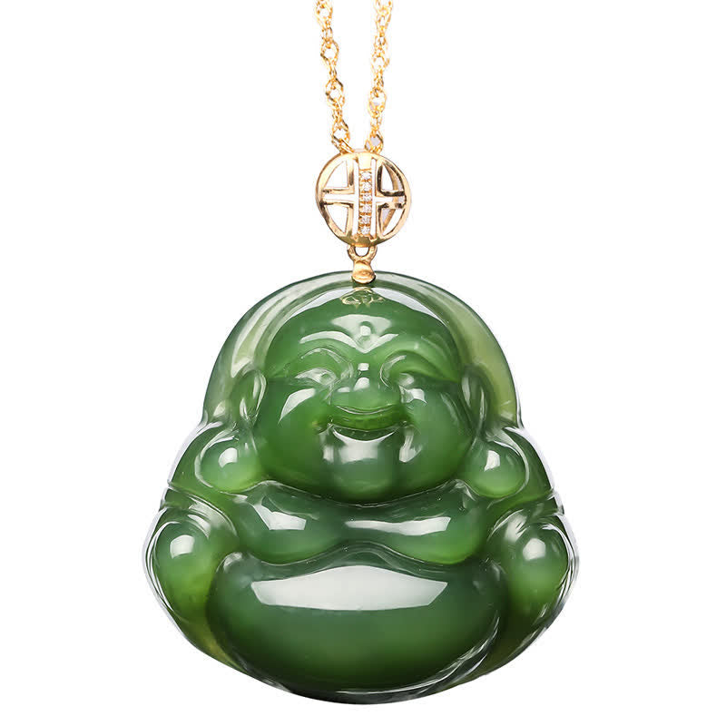 Stone of buddha 925 Sterling Silver Laughing Buddha Hetian Cyan Jade 18K Gold Success Necklace Chain Pendant