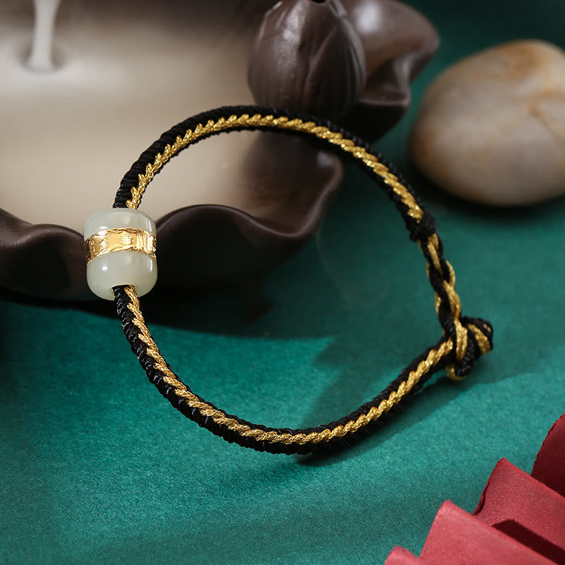Stone of buddha 999 Gold Hetian White Jade Om Mani Padme Hum Fu Character Luck Braided Bracelet