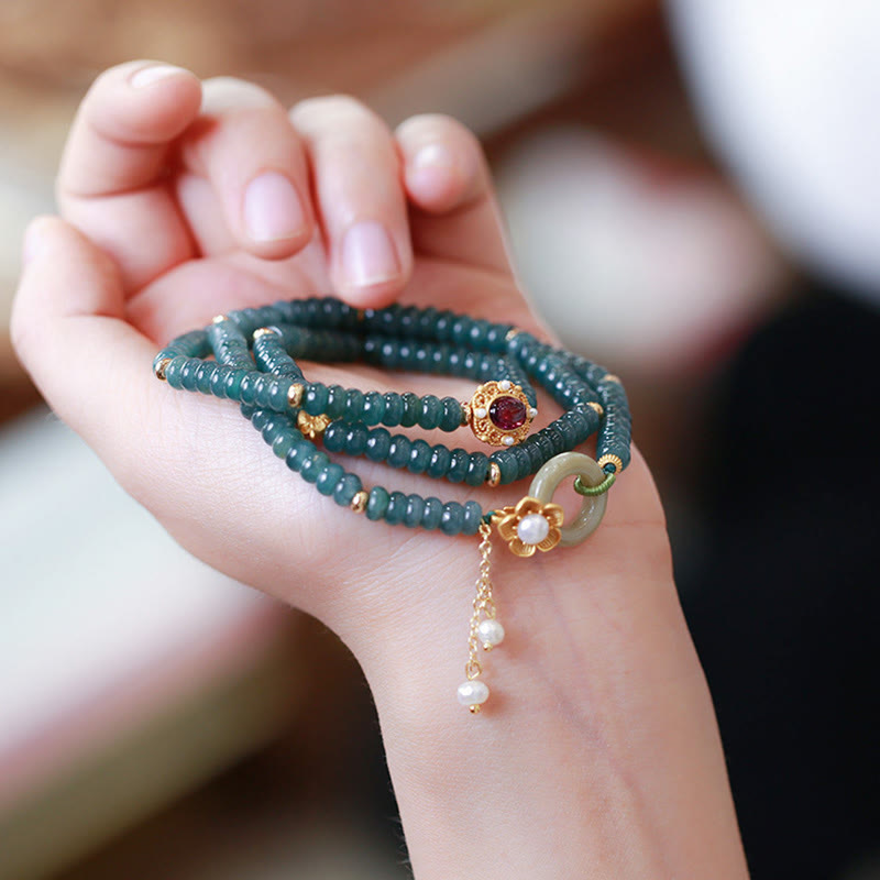 Stone of buddha 925 Sterling Silver Gold Plated Cyan Jade Flower Peace Buckle Success Triple Wrap Bracelet