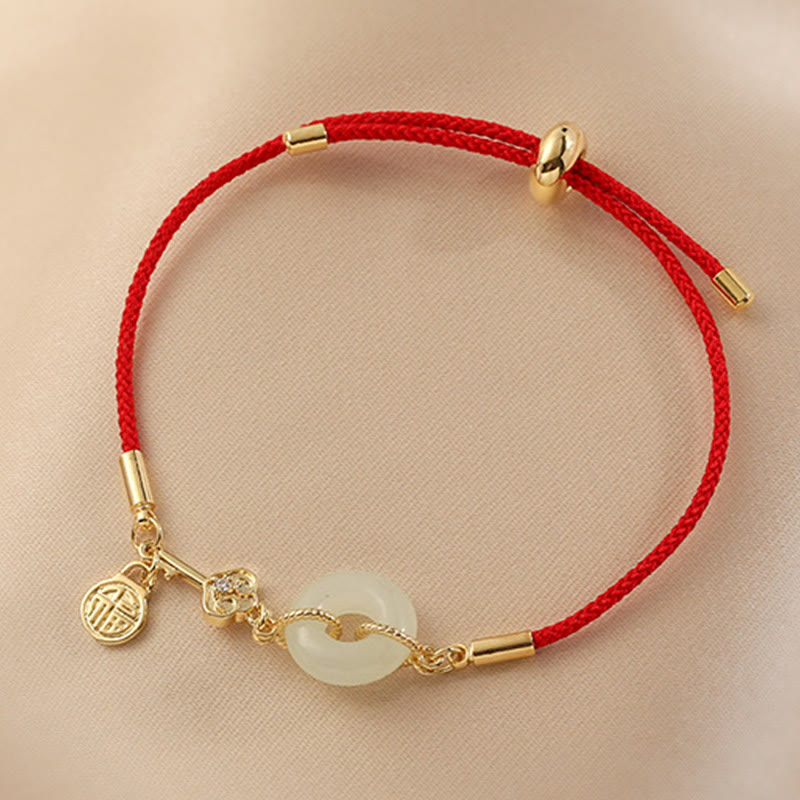 Stone of buddha 18K Gold Plated Hetian Jade Peace Buckle Fu Character Luck Red Rope Bracelet