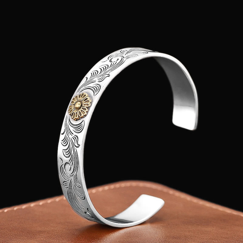 Stone of buddha Tang Dynasty Flower Design Rose Flower Feather Carved Copper Luck Bracelet Bangle