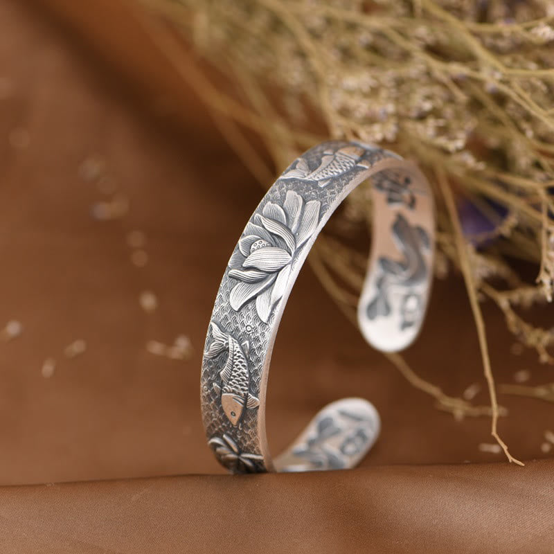 Stone of buddha 999 Sterling Silver Luck Koi Fish Lotus Wealth Bracelet Bangle