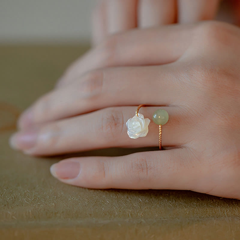 Stone of buddha 14K Gold Plated Tridacna Stone Rose Flower Jade Bead Blessing Ring