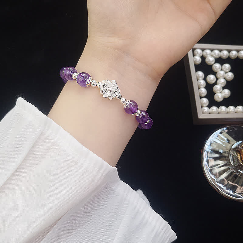Stone of buddha 925 Sterling Silver Natural Amethyst Lotus Spiritual Bracelet