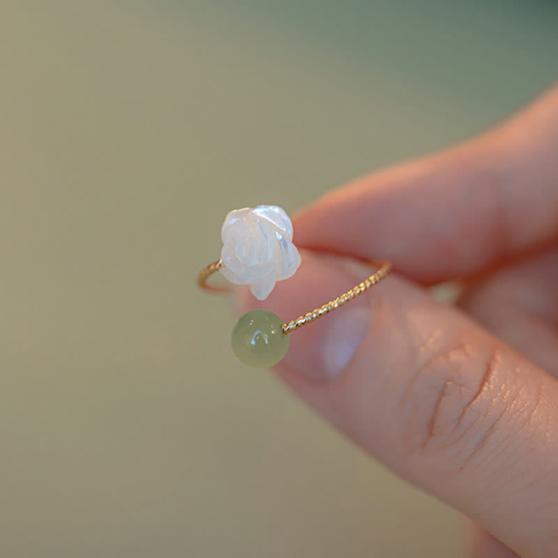 Stone of buddha 14K Gold Plated Tridacna Stone Rose Flower Jade Bead Blessing Ring