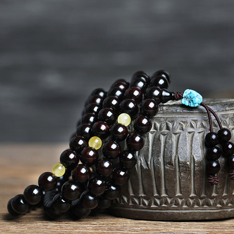 Stone of buddha 108 Mala Beads 4.8 Stars With Gold Star Indian Small Leaf Red Sandalwood Amber Turquoise Chinese Knotting Blessing Bracelet