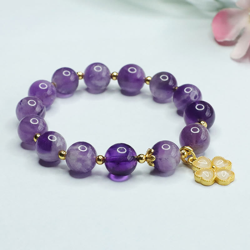 Stone of buddha Natural Amethyst Crystal Inner Peace Four Leaf Clover Charm Bracelet