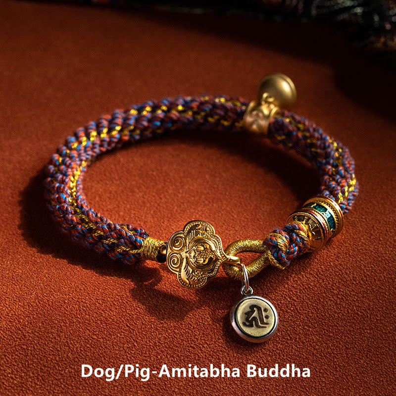 Stone of buddha 925 Sterling Silver Chinese Zodiac Natal Buddha Om Mani Padme Hum Luck Bell Braided String Bracelet