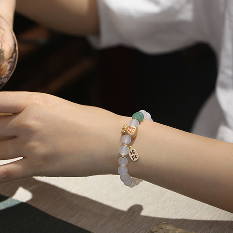 Stone of buddha Natural White Agate Red Agate Money Bag Fu Character Four Leaf Clover Protection Bracelet