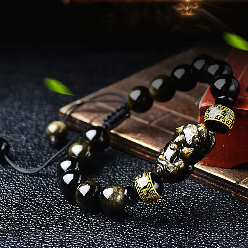 Stone of buddha Natural Gold Sheen Obsidian PiXiu Om Mani Padme Hum Wealth Braided Bracelet