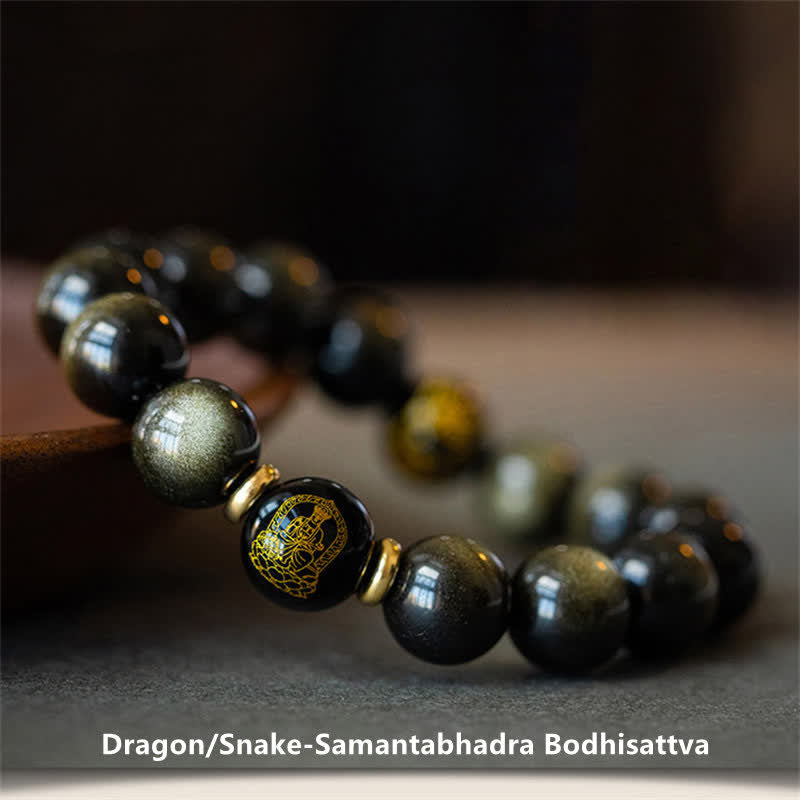 Stone of buddha Chinese Zodiac Natal Buddha Gold Sheen Obsidian Wealth Protection Bracelet