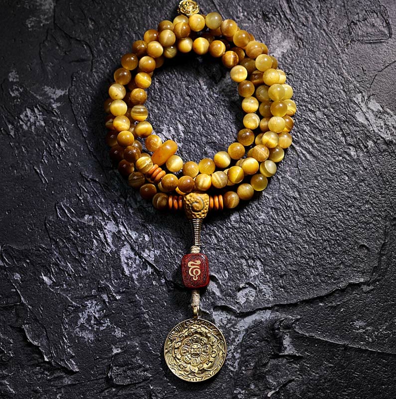 Stone of buddha 108 Mala Beads Natural Tiger Eye Copper Dorje Protection Tassel Bracelet