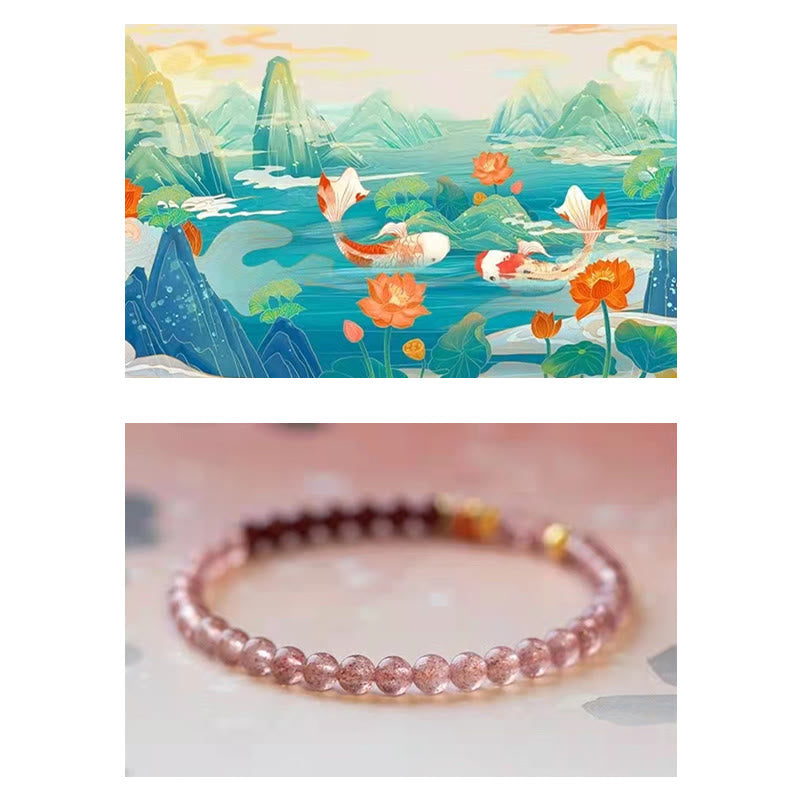 Stone of buddha Natural Strawberry Quartz Cinnabar Lucky Koi Fish Healing Bracelet