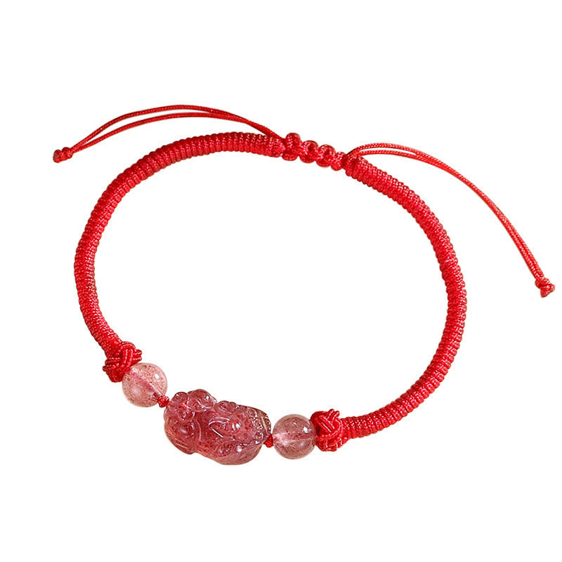 Stone of buddha Handmade Natural Silver Sheen Obsidian Strawberry Quartz PiXiu Protection Braided Bracelet