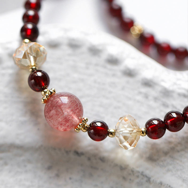 Stone of buddha 14K Gold Plated Natural Garnet Strawberry Quartz Stability Double Wrap Bracelet