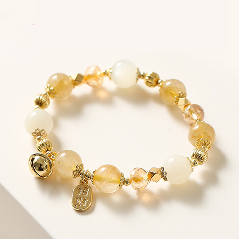 Stone of buddha 14K Gold Plated Golden Rutilated Quartz Wealth Bell Lucky Fortune Charm Bracelet