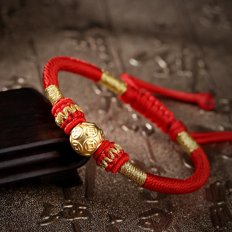 Stone of buddha 999 Sterling Silver Round Copper Coin Protection Luck Beaded String Bracelet