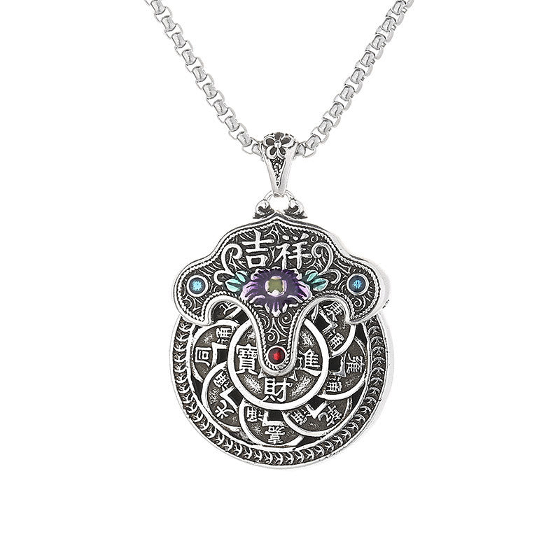 Stone of buddha Peony Flower Copper Coins Wealth Necklace Pendant