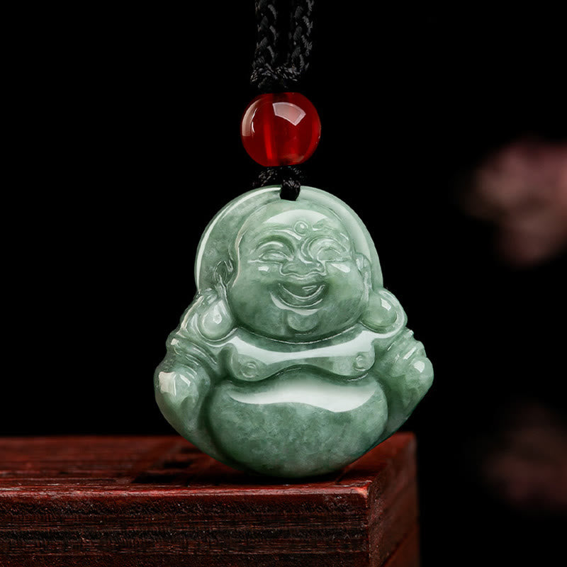 Stone of buddha Natural Green Jade Laughing Buddha Luck Abundance Necklace Pendant