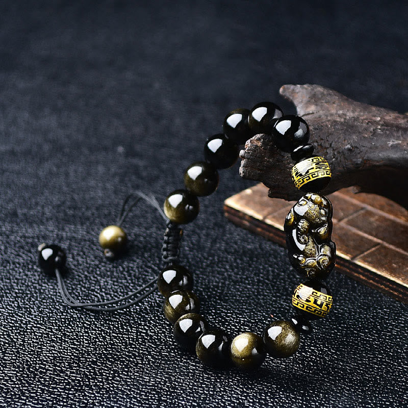 Stone of buddha Natural Gold Sheen Obsidian PiXiu Om Mani Padme Hum Wealth Braided Bracelet