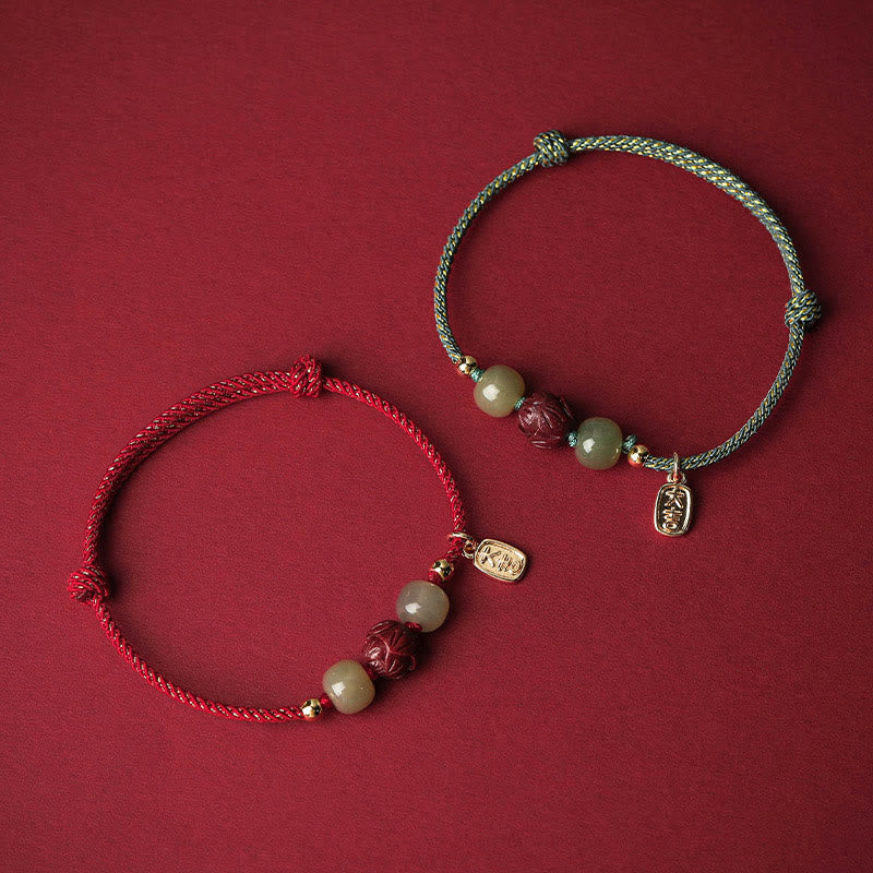 Stone of buddha 14K Gold Plated Hetian Jade Cinnabar Lotus Luck Handcrafted Rope Bracelet