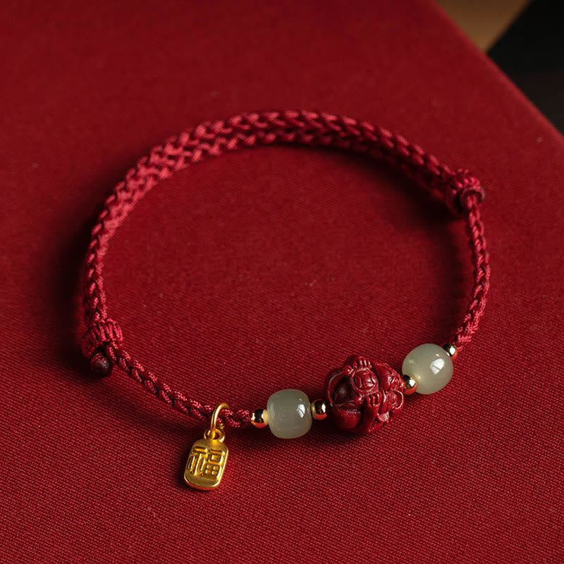 Stone of buddha Natural Cinnabar Chinese Zodiac Hetian Jade Fu Character Luck Rope Bracelet