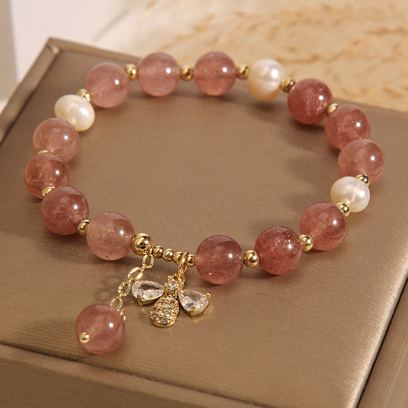 Stone of buddha Strawberry Quartz Pearl Cute Zircon Honeybee Positive Charm Bracelet