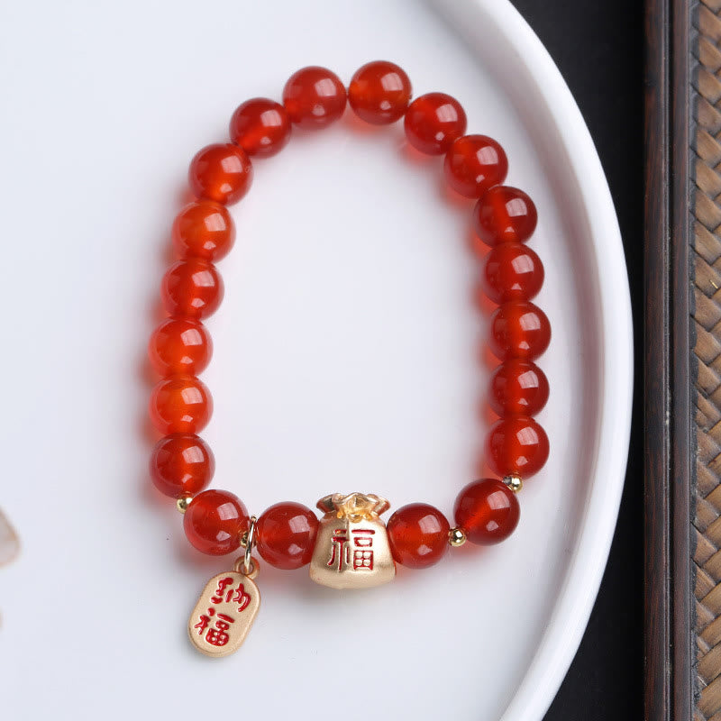 Stone of buddha Natural White Agate Red Agate Money Bag Fu Character Four Leaf Clover Protection Bracelet