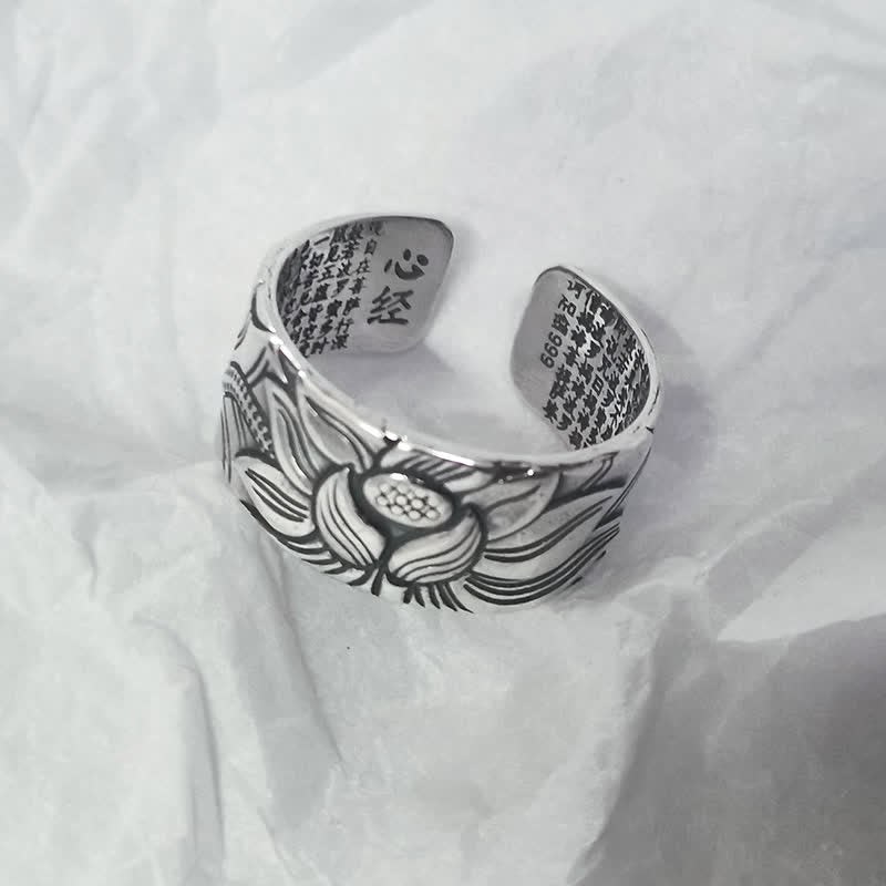 Stone of buddha 999 Sterling Silver Lotus Symbol Heart Sutra Protection Ring