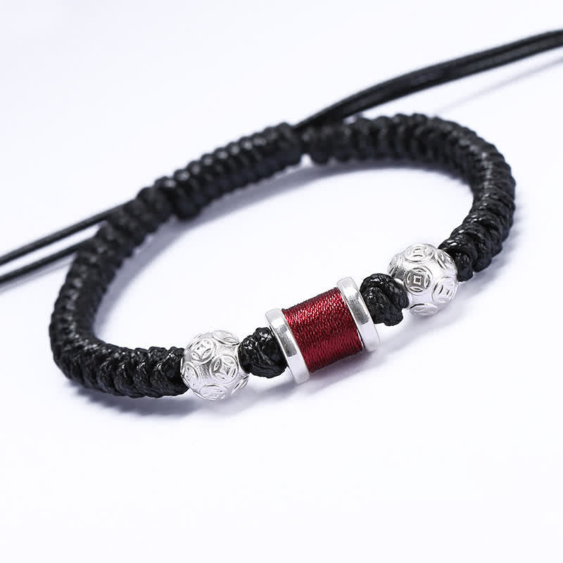 Stone of buddha 999 Sterling Silver Copper Coin Bead Copper Balance Braided String Bracelet