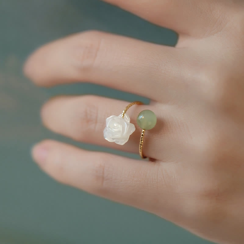 Stone of buddha 14K Gold Plated Tridacna Stone Rose Flower Jade Bead Blessing Ring
