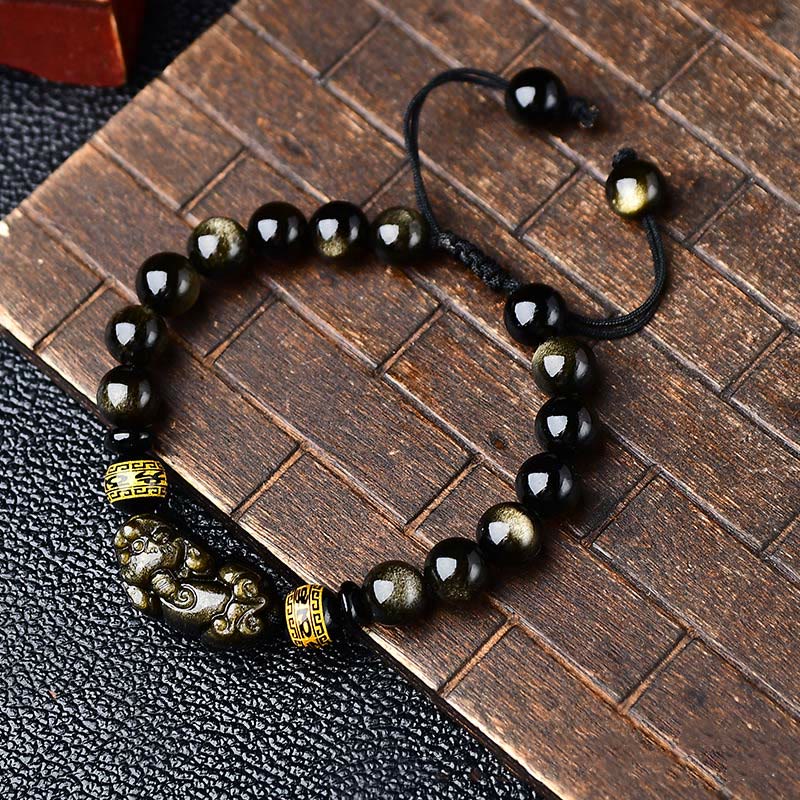 Stone of buddha Natural Gold Sheen Obsidian PiXiu Om Mani Padme Hum Wealth Braided Bracelet