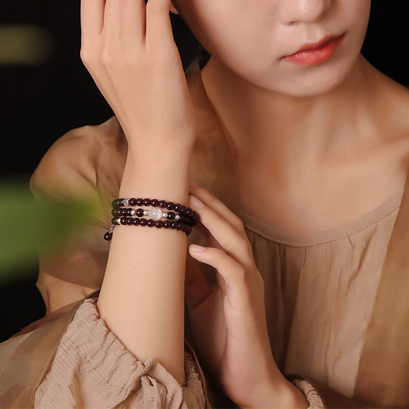 Stone of buddha 925 Sterling Silver Natural Garnet Cat Eye Protection Triple Wrap Bracelet