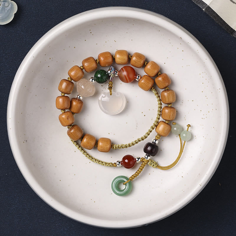 Stone of buddha Green Sandalwood Chalcedony Peace Buckle Charm Soothing Double Wrap Bracelet