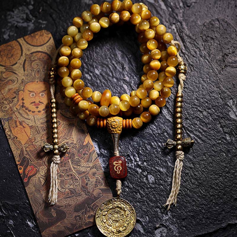 Stone of buddha 108 Mala Beads Natural Tiger Eye Copper Dorje Protection Tassel Bracelet