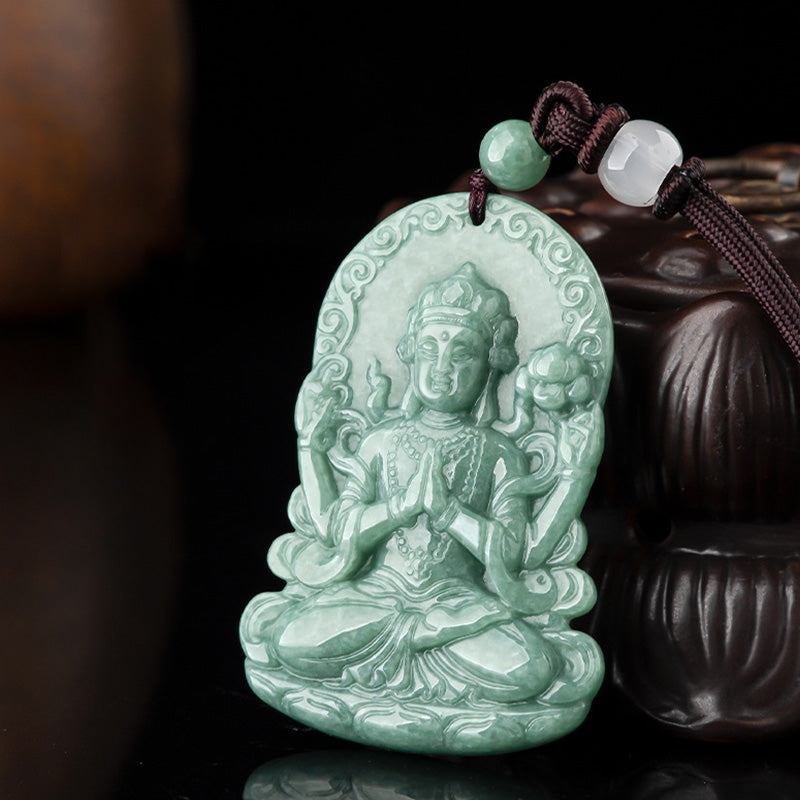 Stone of buddha Four-armed Avalokitesvara Natural Jade Amulet Blessing String Necklace
